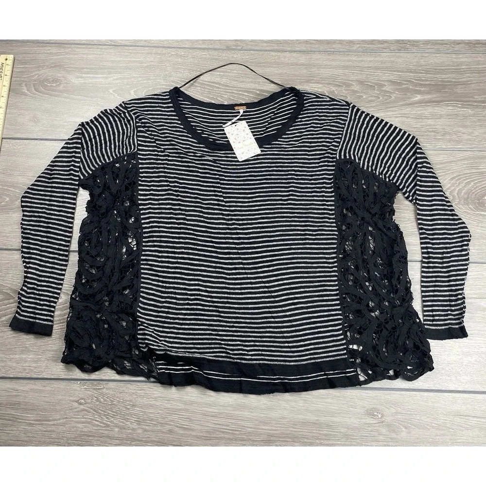 Free People Women's‎ Love Me Do Striped Linen Blend Pullover Side Lace Top M New